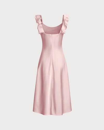 Square Neck Ruffle Satin Midi Dress