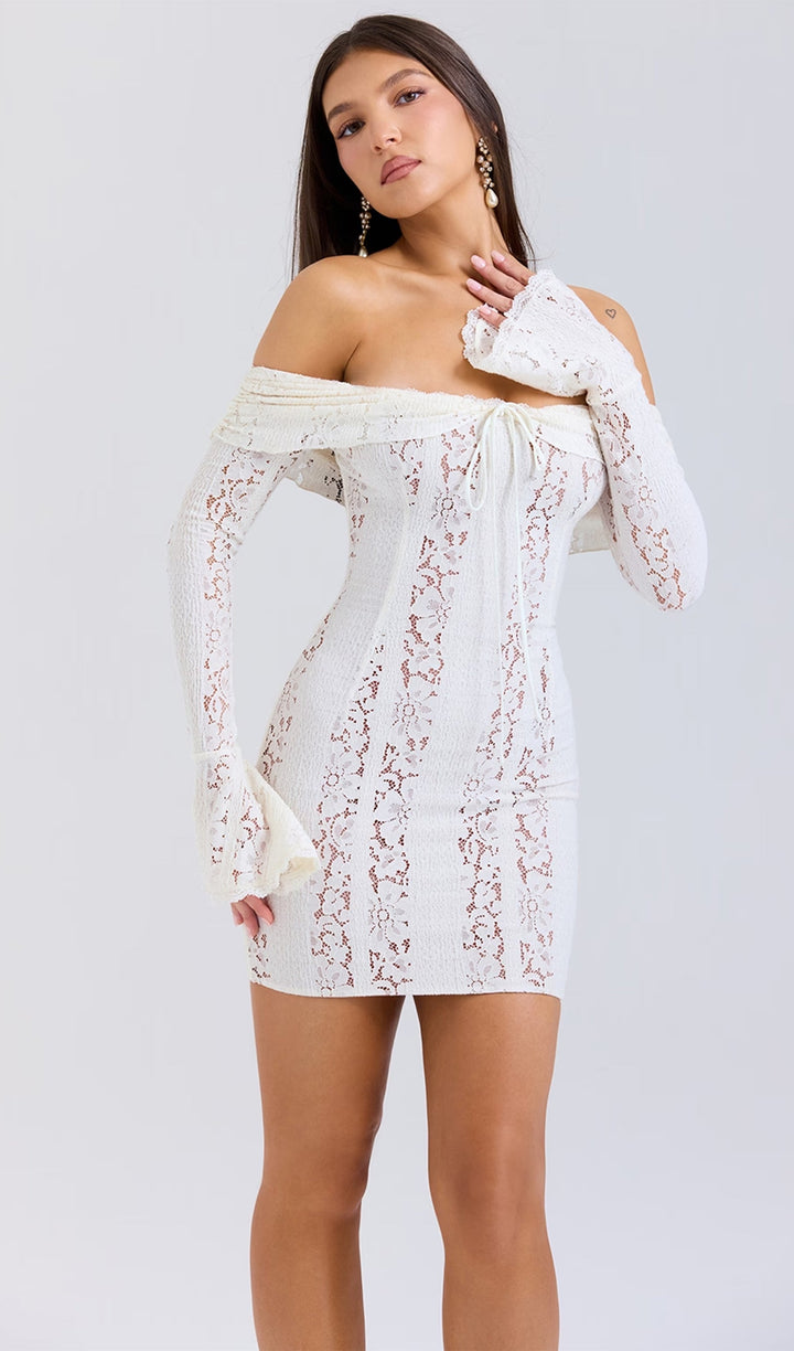 Vintage Floral Lace Off Shoulder Mini Dress - Celestia Couture