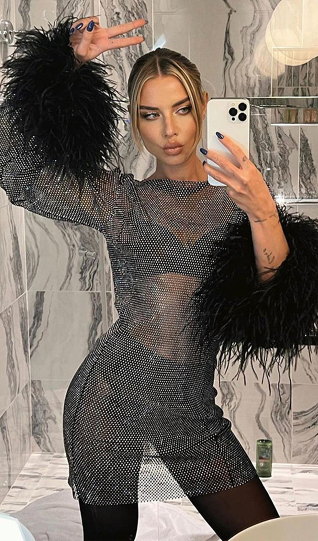 Sheer Rhinestone Mini Dress - Celestia Couture