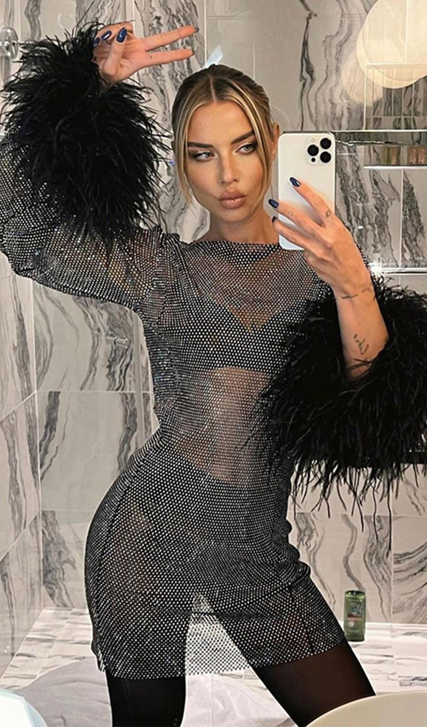 Sheer Rhinestone Mini Dress