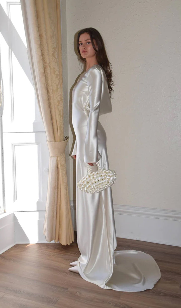 White Satin Long Sleeved Slim Evening Dress - Celestia Couture
