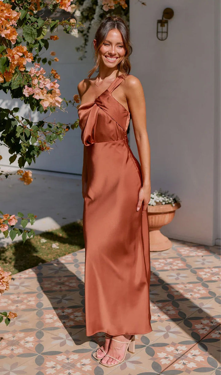 One Shoulder Draping Feature Midi Dress - Celestia Couture