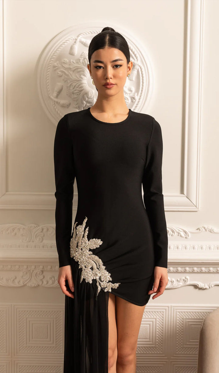 Solid Asymmetrical With Embellishments Mini Dress - Celestia Couture