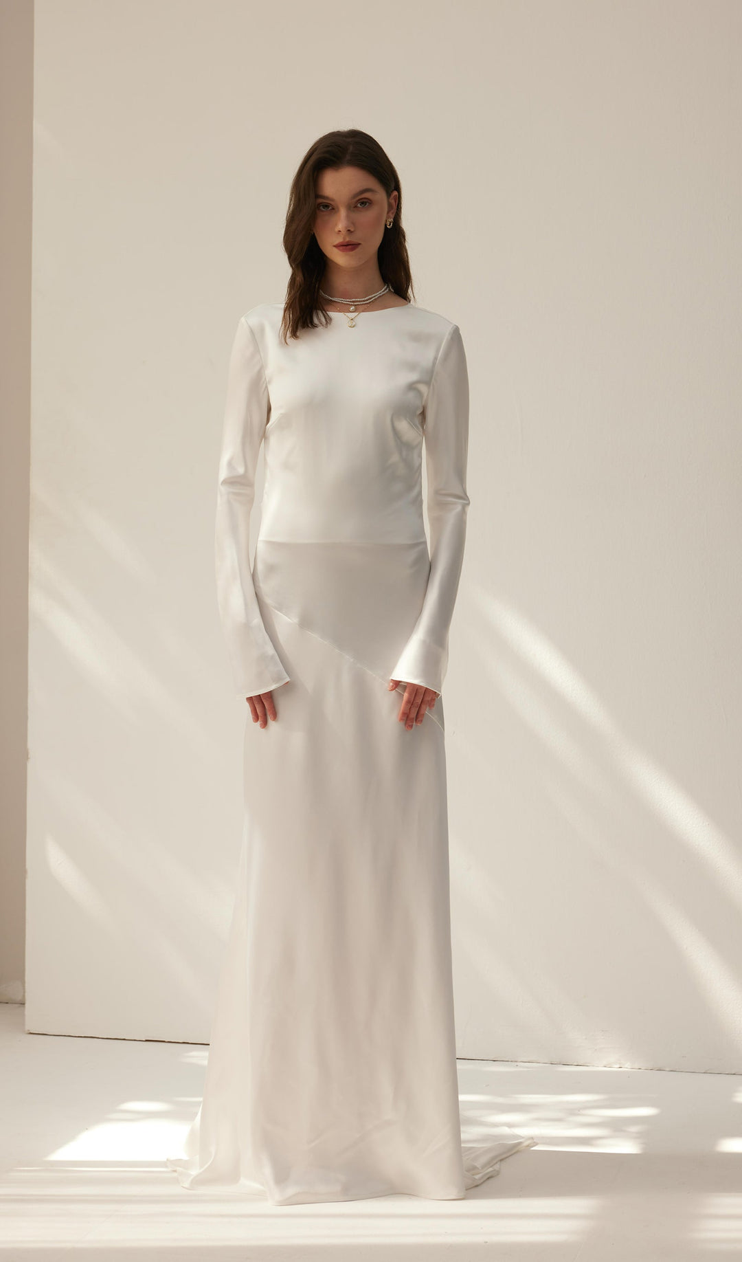 White Satin Long Sleeved Slim Evening Dress - Celestia Couture
