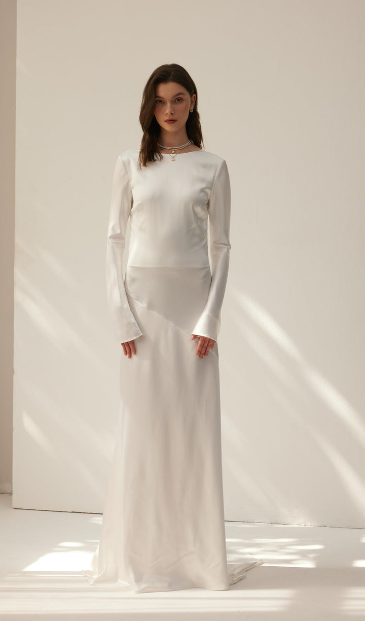 White Satin Long Sleeved Slim Evening Dress - Celestia Couture