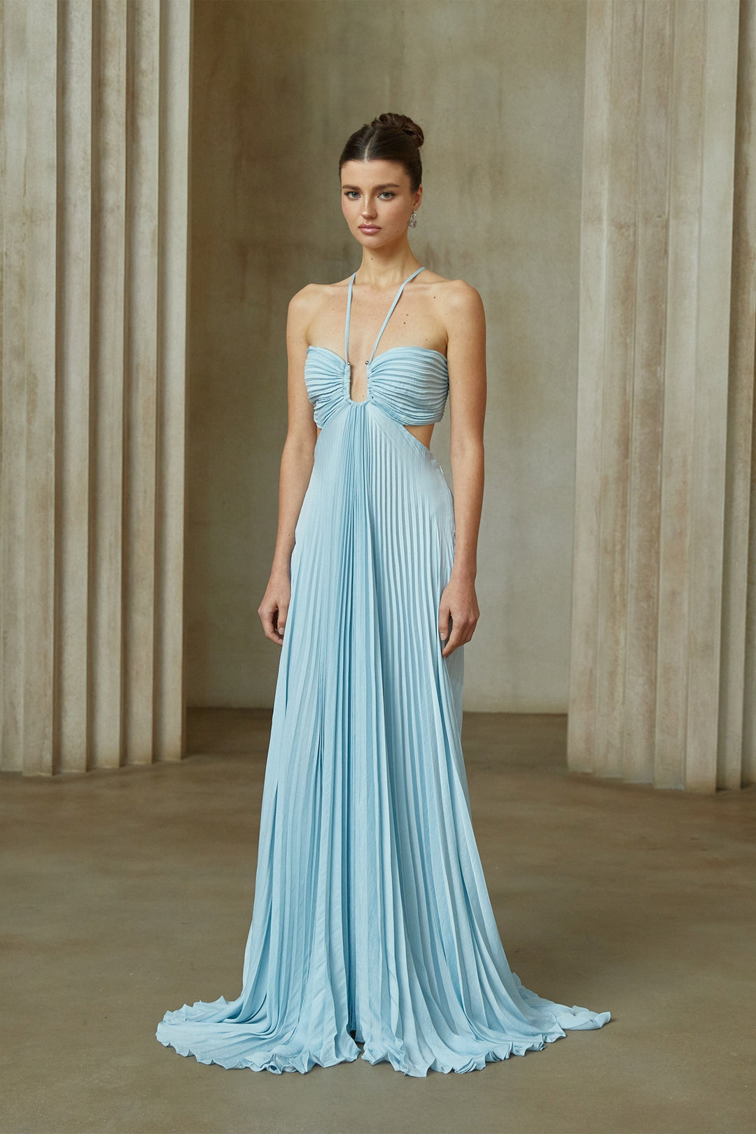 Andréa Blue Pleated Maxi Dress with Cutout Detail - Celestia Couture