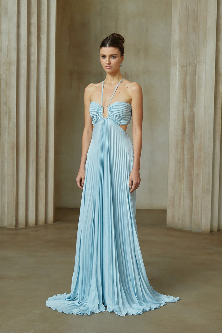 Andréa Blue Pleated Maxi Dress with Cutout Detail - Celestia Couture