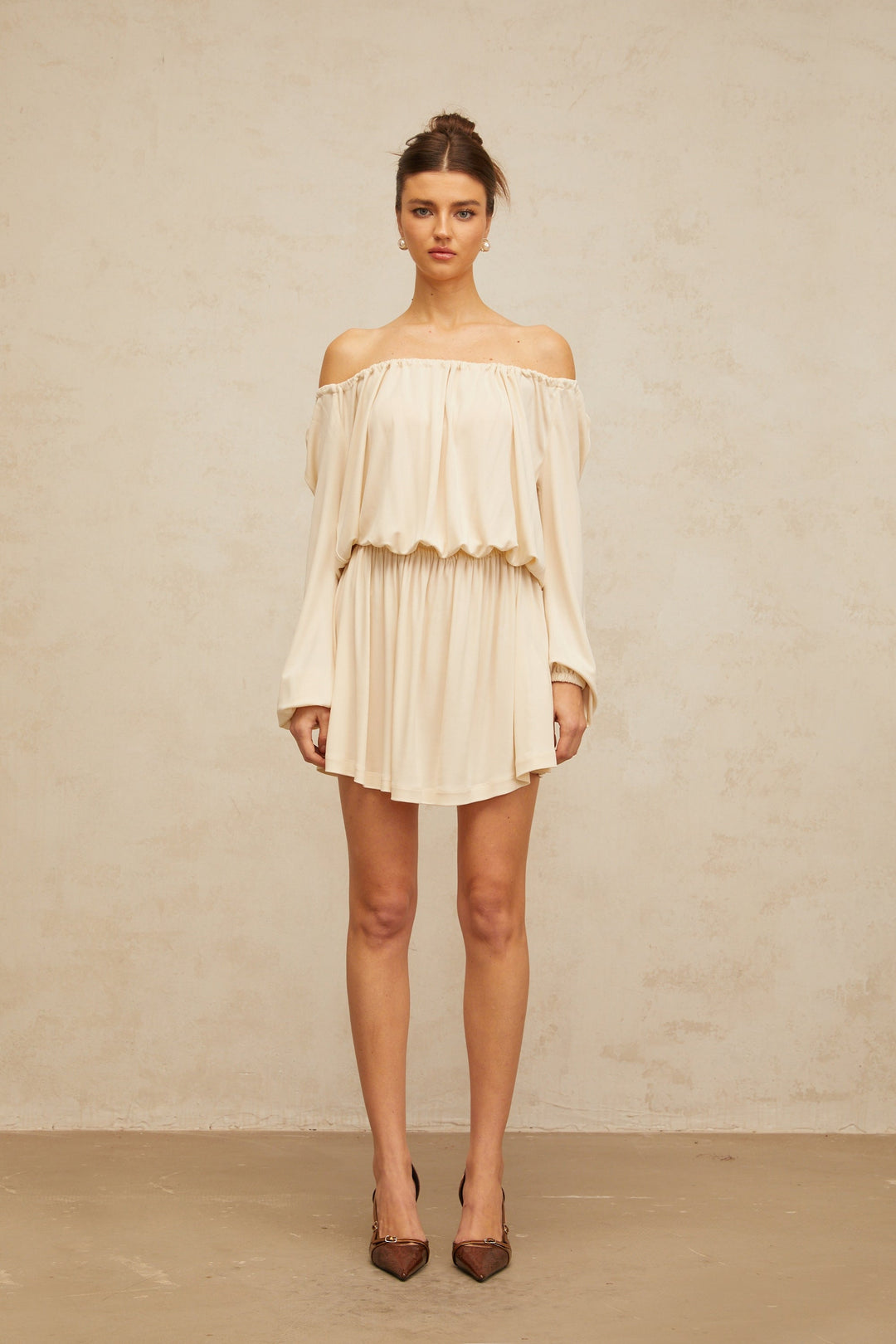 Emma neutrals structured-design mini dress - Celestia Couture