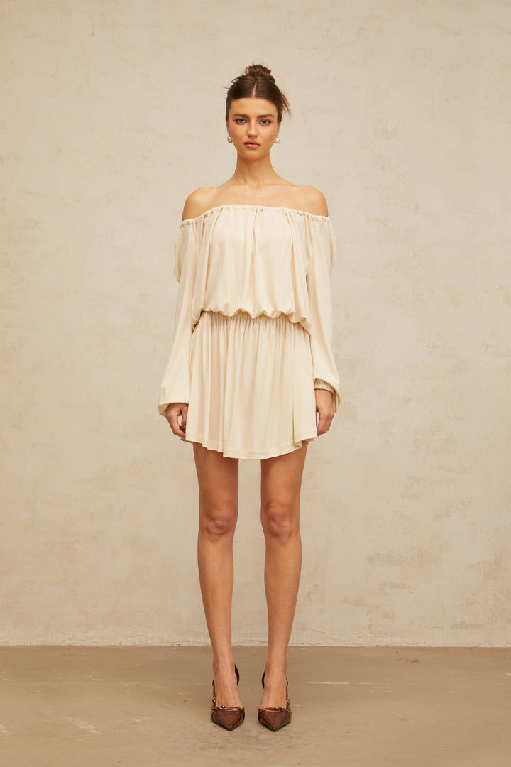 Emma neutrals structured-design mini dress - Celestia Couture