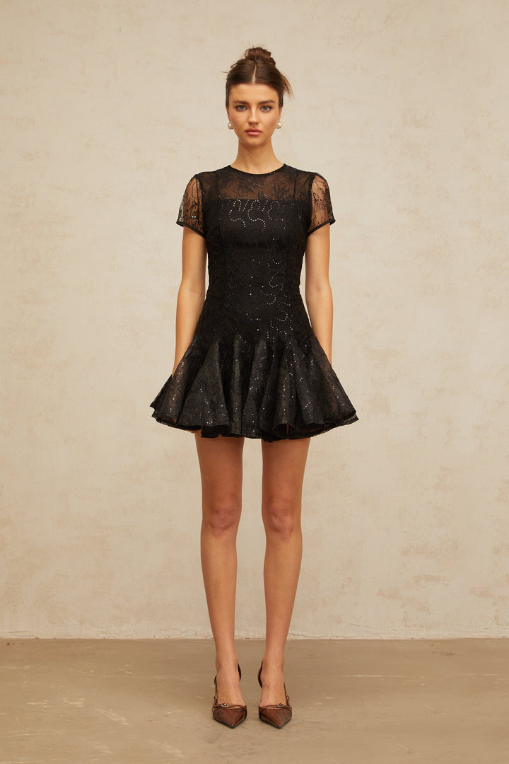 Lara black sequin-embellished flared mini dress - Celestia Couture