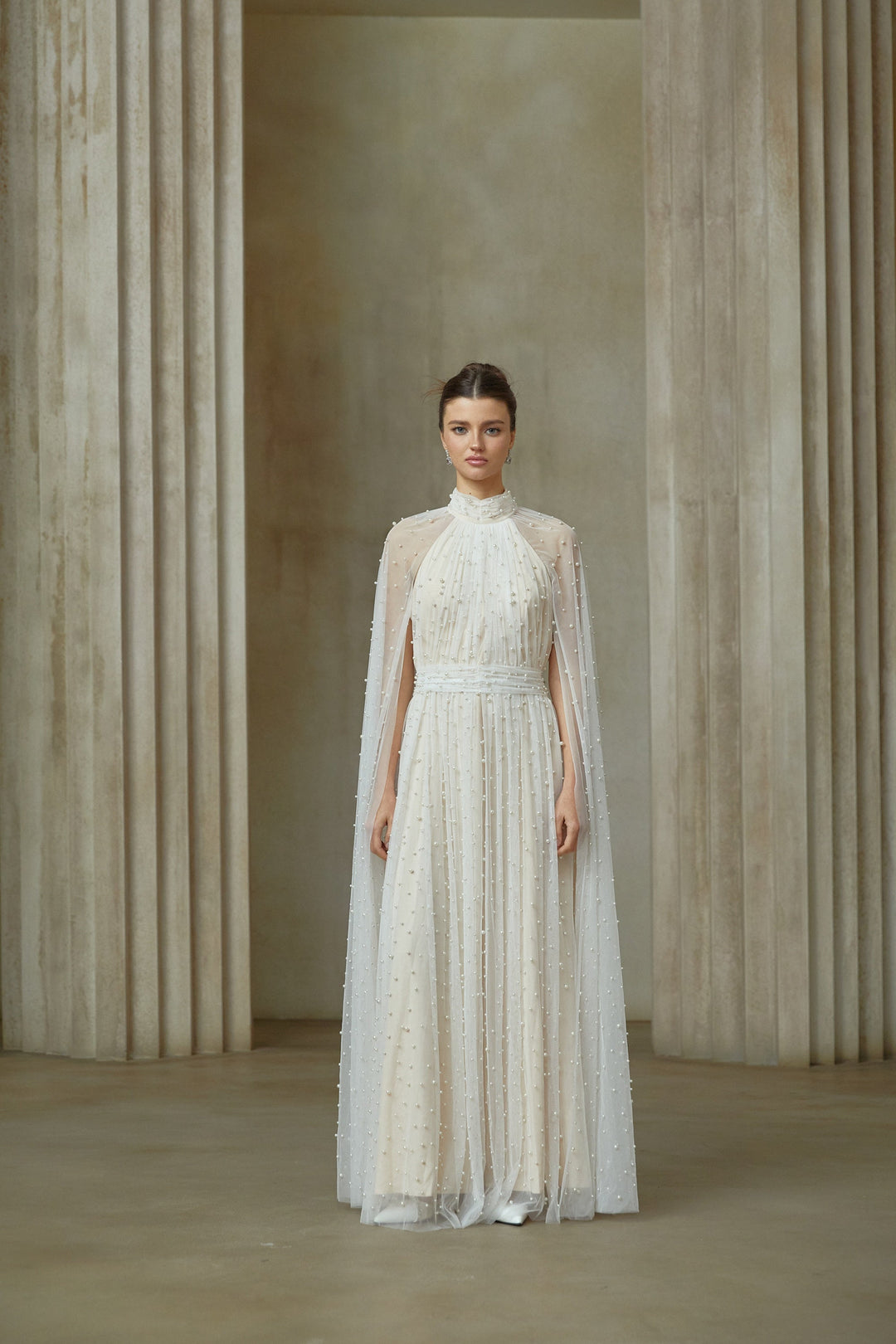 Louane white cape-design embellished tulle maxi dress - Celestia Couture