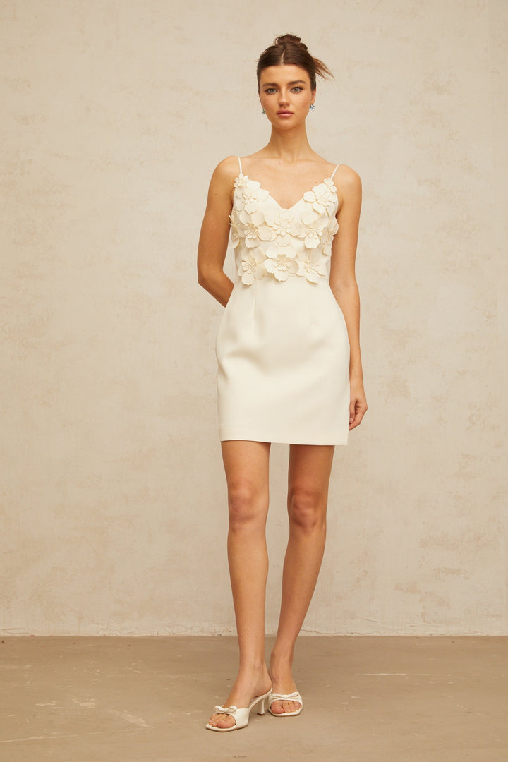Xavière white V-neck 3d-petal mini dress - Celestia Couture