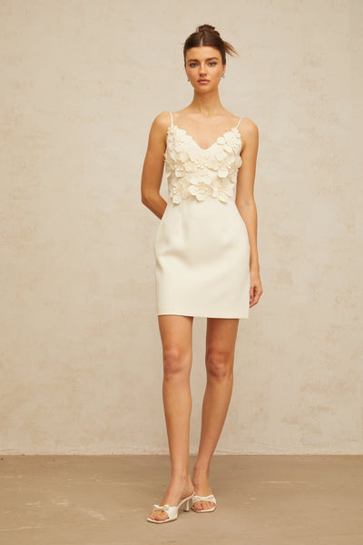 Xavière white V-neck 3d-petal mini dress