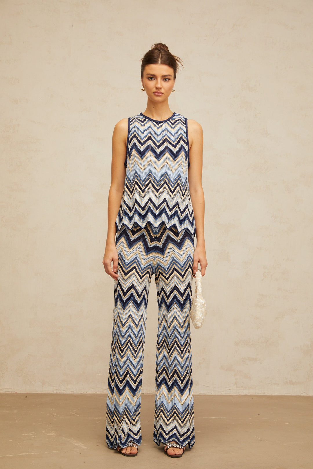 Irina blue zigzag-woven pointelle-knit top &amp; trousers matching set - Celestia Couture
