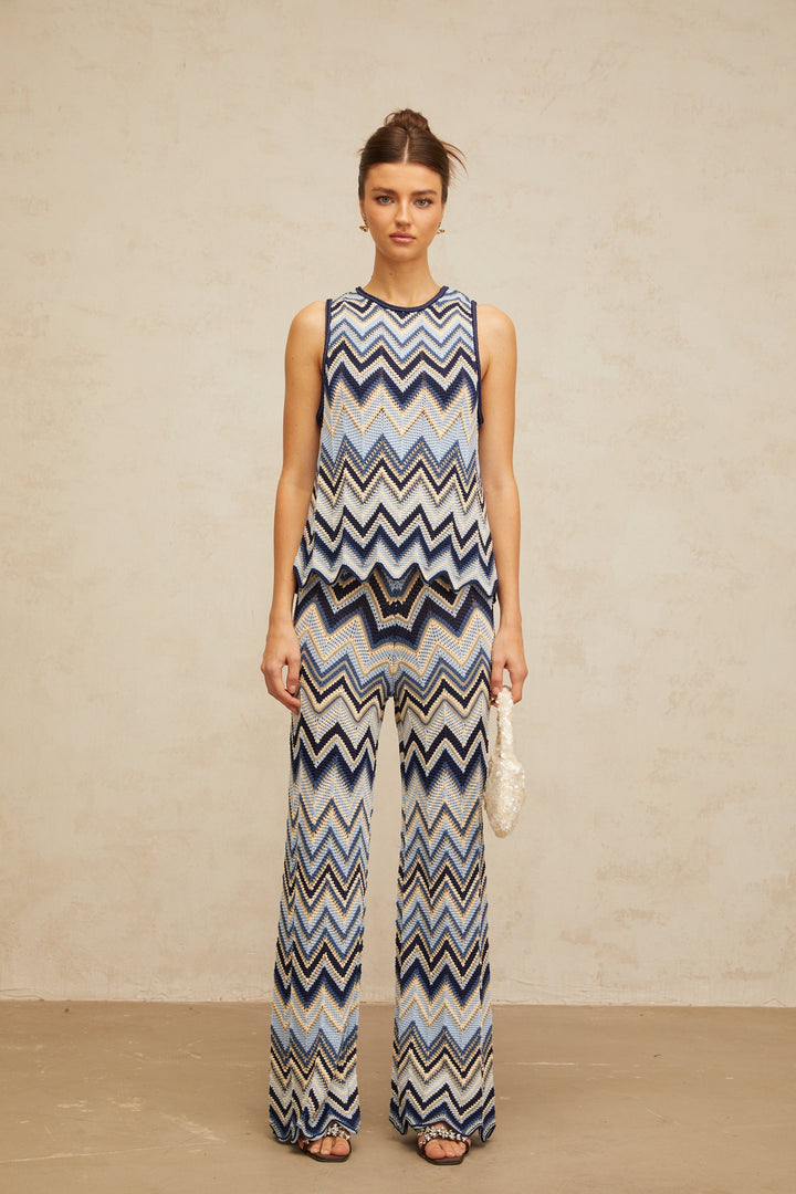 Irina blue zigzag-woven pointelle-knit top &amp; trousers matching set - Celestia Couture