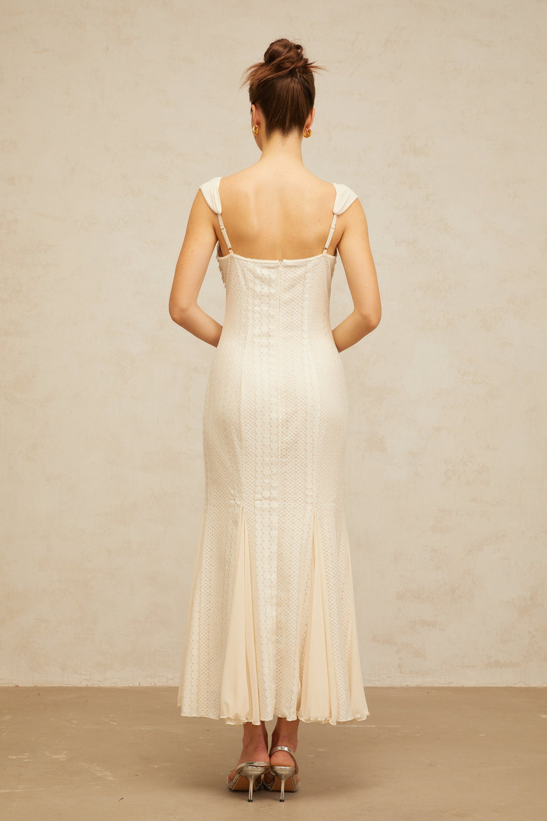 Calliopée cream-white embellished flared maxi dress - Celestia Couture