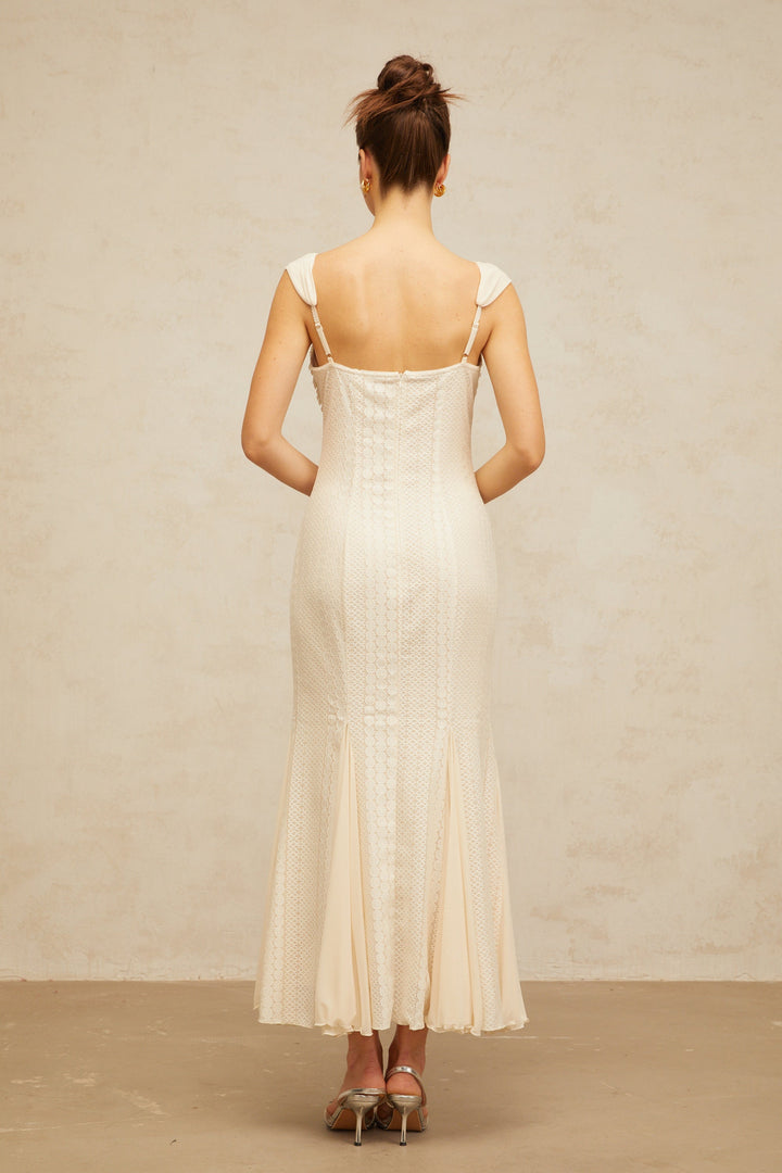 Calliopée cream-white embellished flared maxi dress - Celestia Couture