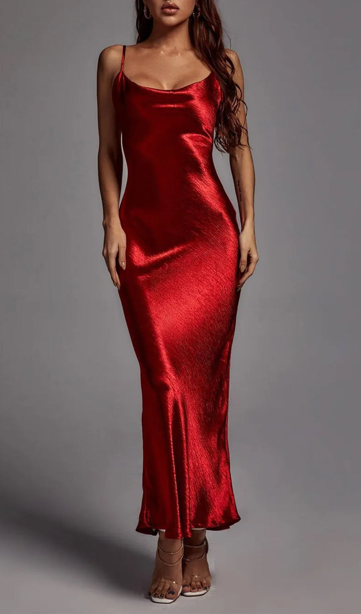 Satin Cowl Neck Backless Slip Maxi Dress - Celestia Couture