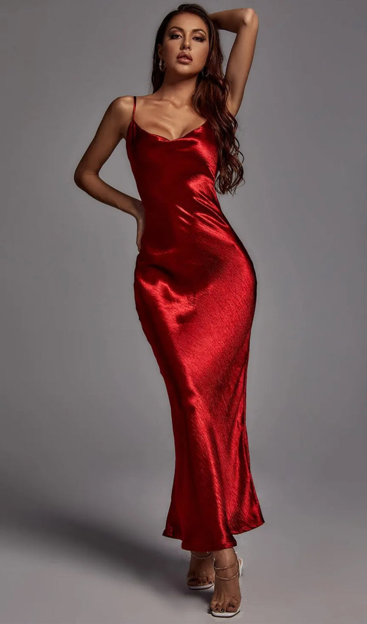 Satin Cowl Neck Backless Slip Maxi Dress - Celestia Couture
