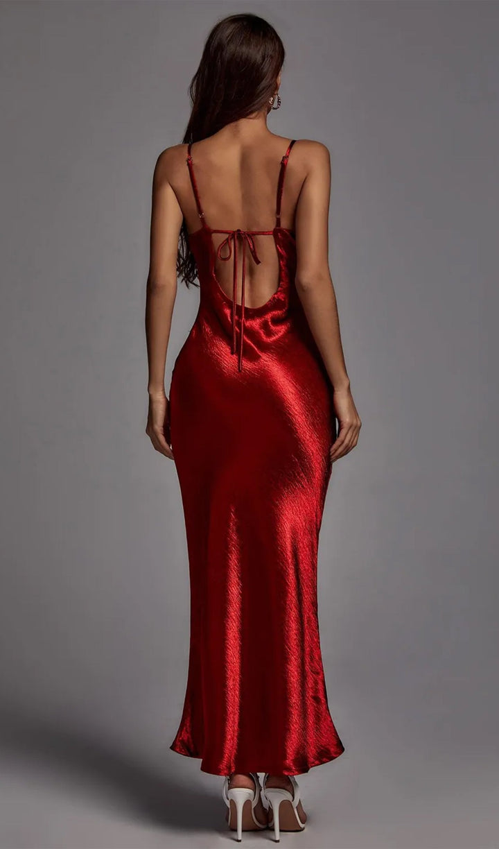 Satin Cowl Neck Backless Slip Maxi Dress - Celestia Couture
