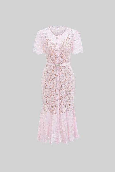 Elegant Floral Lace Fitted Dress with Button Detail and Scalloped Hem - Blush Pink