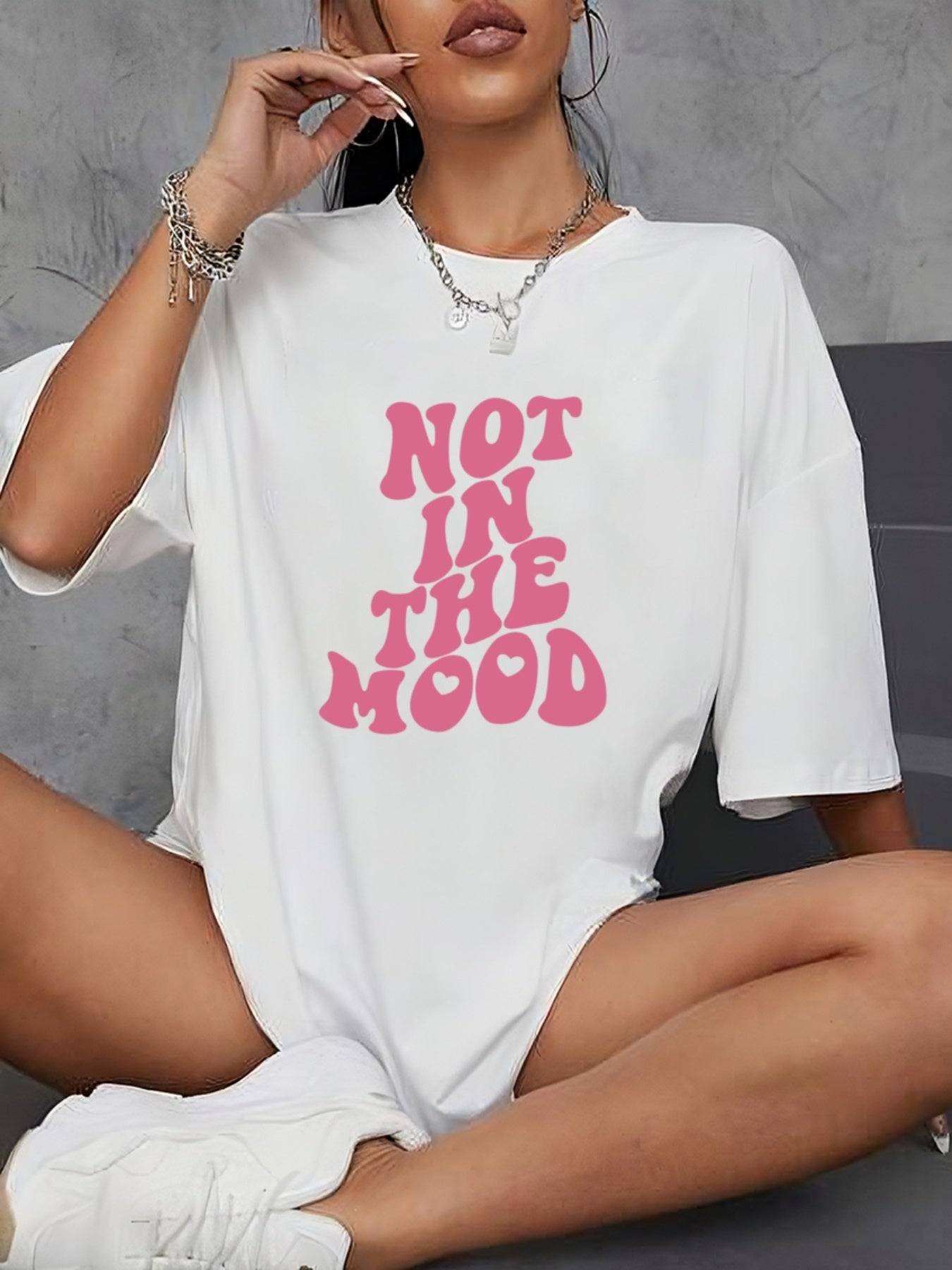 Women's "Not in the Mood" Graphic Tee - Casual Polyester Short Sleeve T-Shirt, Machine Washable, Summer Collection with Round Neck and Geometric Print - Celestial Couture