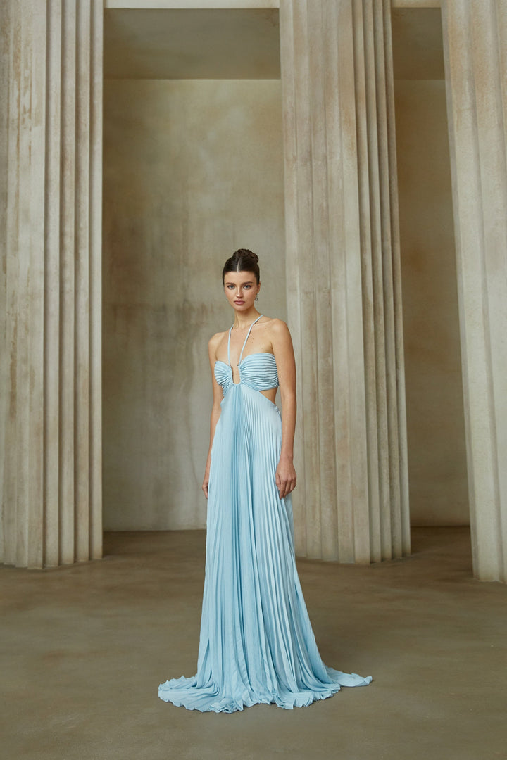 Andréa Blue Pleated Maxi Dress with Cutout Detail - Celestia Couture