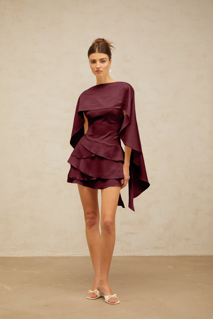 Lyna shawl-panel ruffled satin mini dress in Red - Celestia Couture