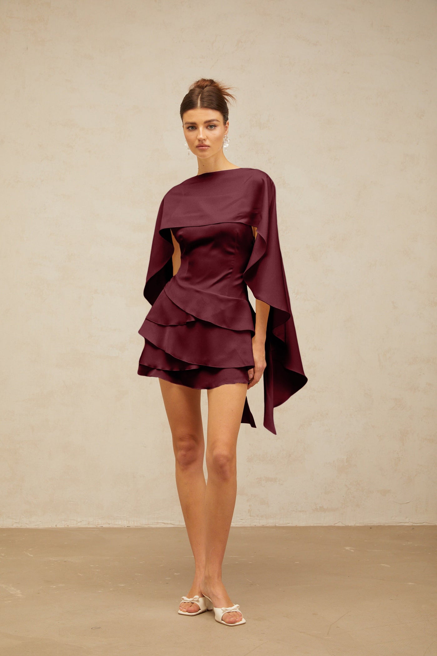 Lyna shawl-panel ruffled satin mini dress in Red