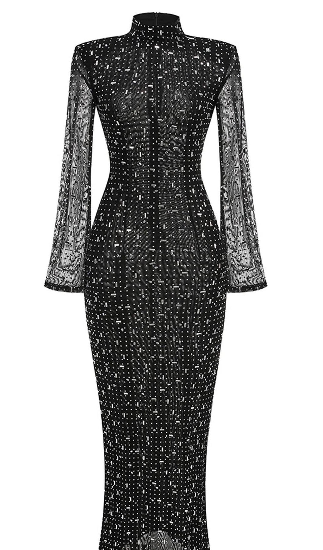 Trendy Rhinestone-Embellished Mesh Midi Dress - Celestia Couture