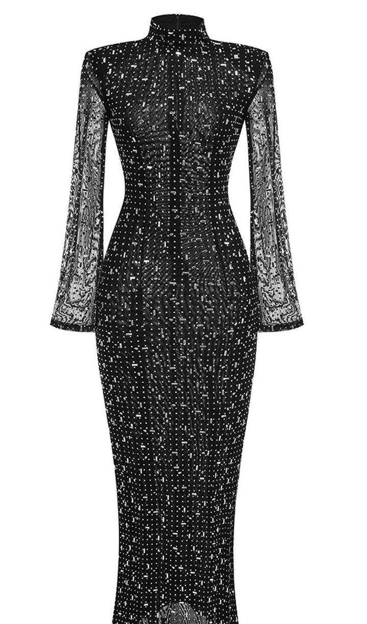 Trendy Rhinestone-Embellished Mesh Midi Dress - Celestia Couture