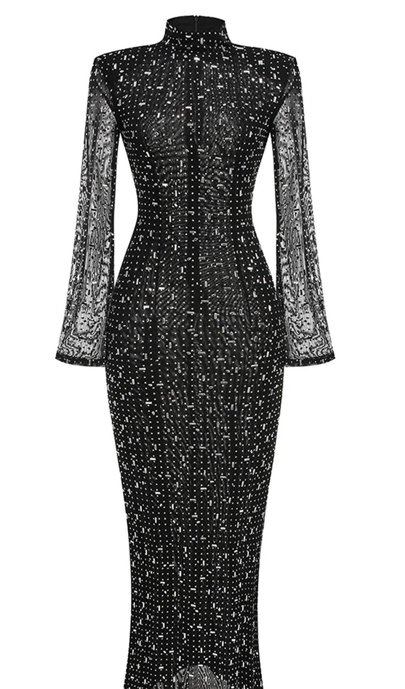 Trendy Rhinestone-Embellished Mesh Midi Dress