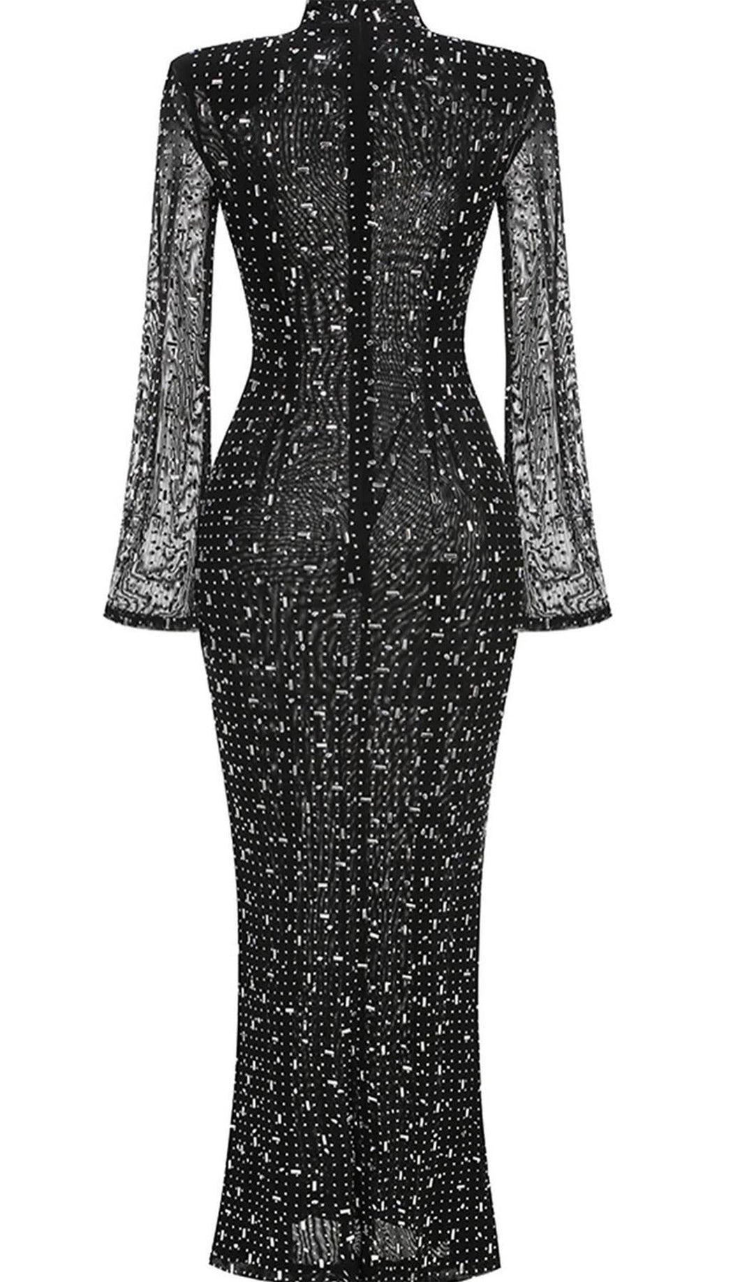 Trendy Rhinestone-Embellished Mesh Midi Dress - Celestia Couture