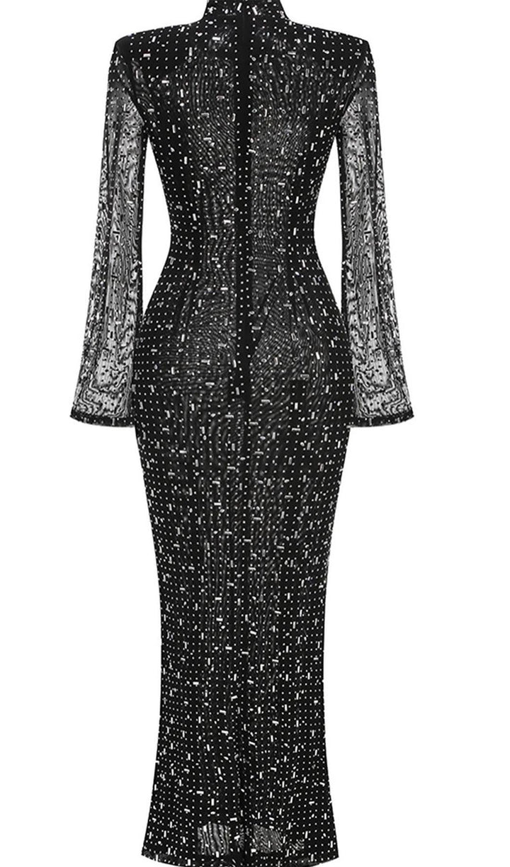 Trendy Rhinestone-Embellished Mesh Midi Dress - Celestia Couture