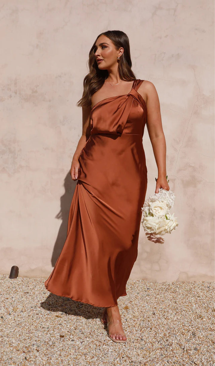 One Shoulder Draping Feature Midi Dress - Celestia Couture