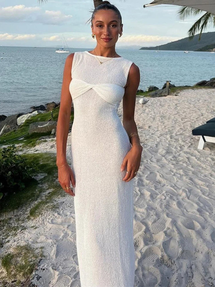 Elegant Sheer Ruched Maxi Dress in Cozy Knit - Celestia Couture