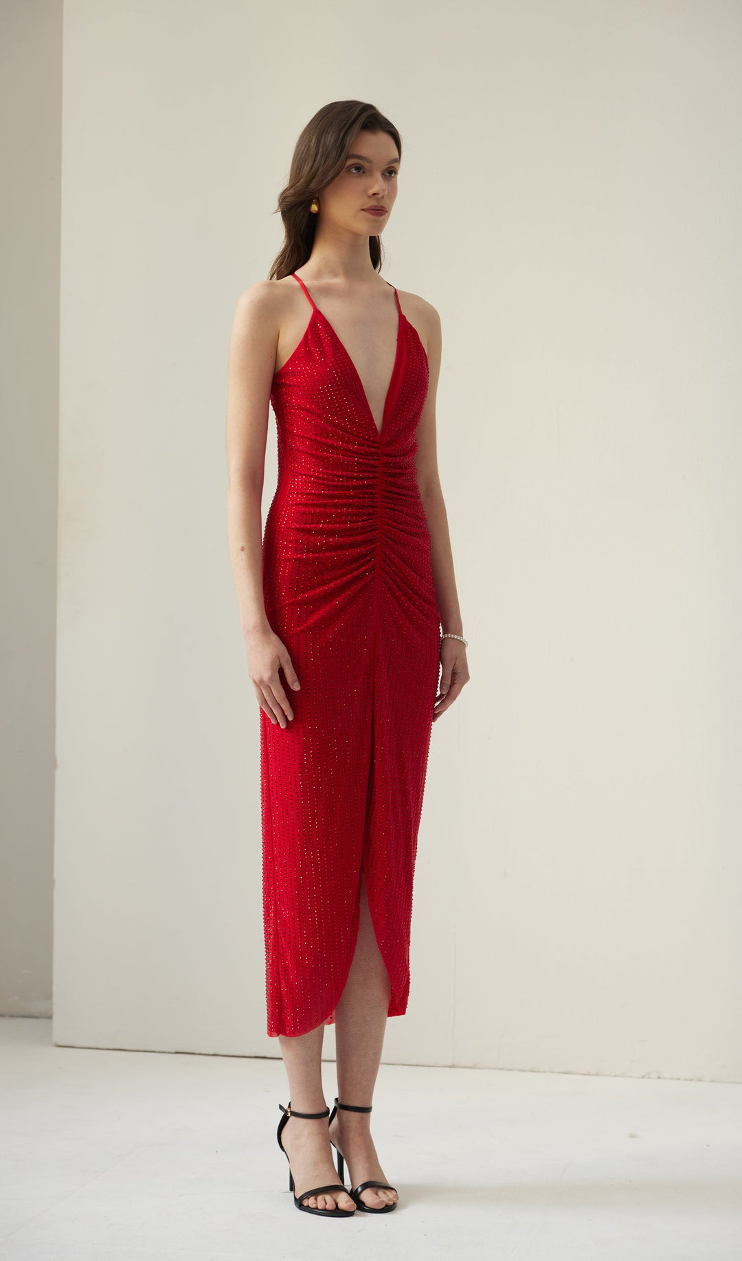 Diamante Ruched Midi Dress - Celestia Couture