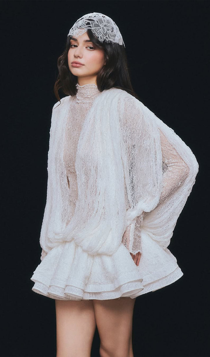 Lace Semi Sheer Ruffled Mini Dress - Celestia Couture