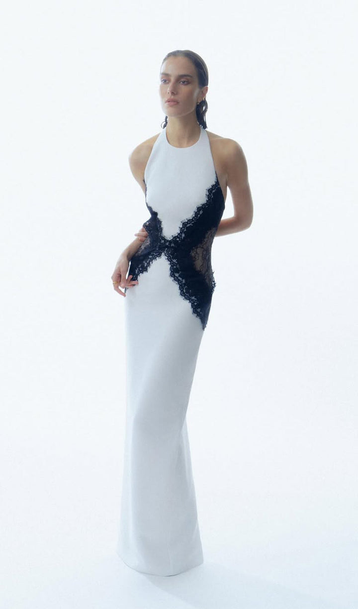 Open Back Maxi Dress In Crepe &amp; Lace - Celestia Couture