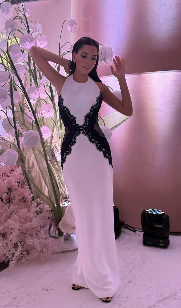 Open Back Maxi Dress In Crepe &amp; Lace - Celestia Couture