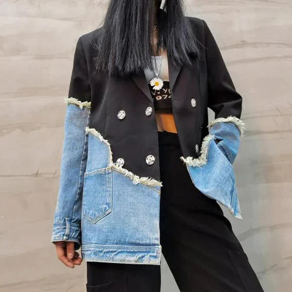 Jenna Asymmetric Denim Patchwork Blazer - Celestia Couture