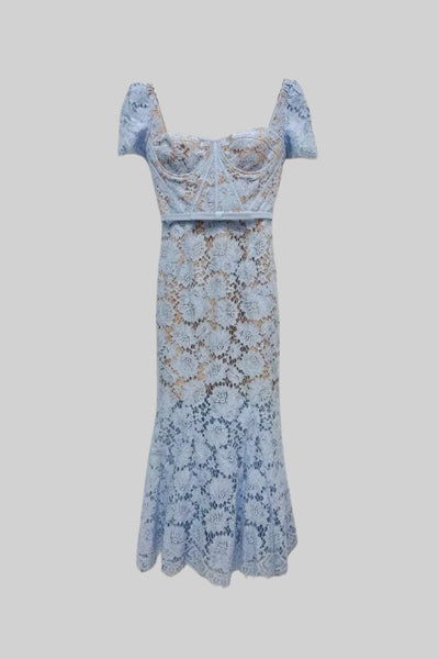 Short Sleeved Lace Dress With Delicate Matching Waist Belt - Blue
