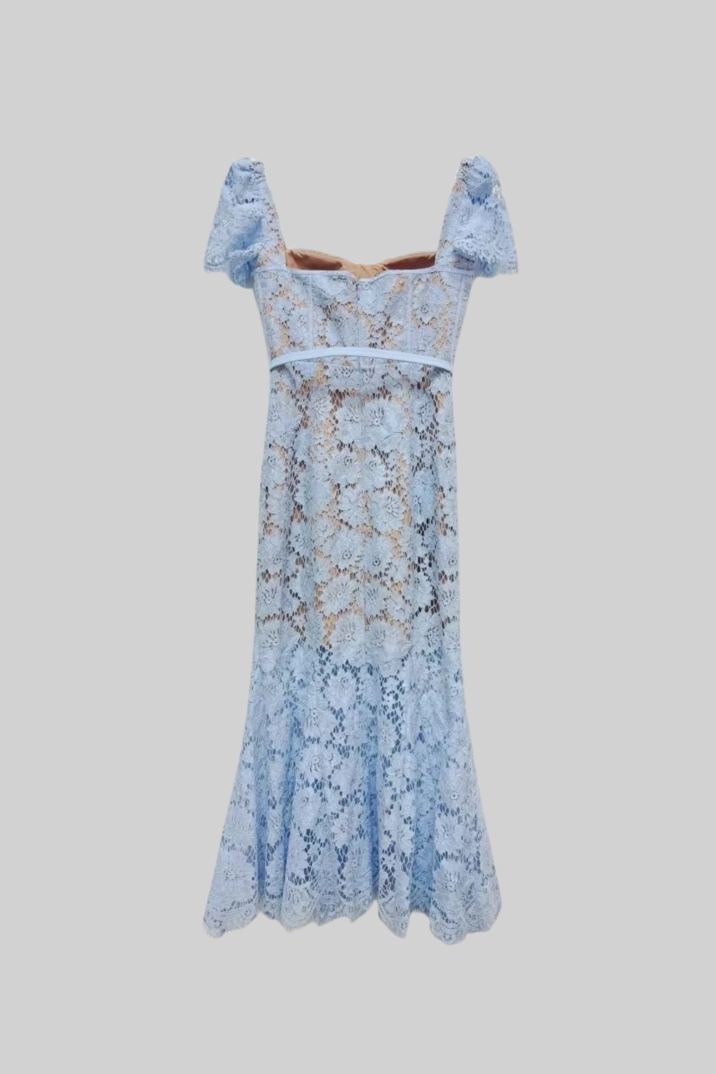 Short Sleeved Lace Dress With Delicate Matching Waist Belt - Blue