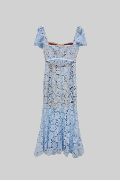 Short Sleeved Lace Dress With Delicate Matching Waist Belt - Blue