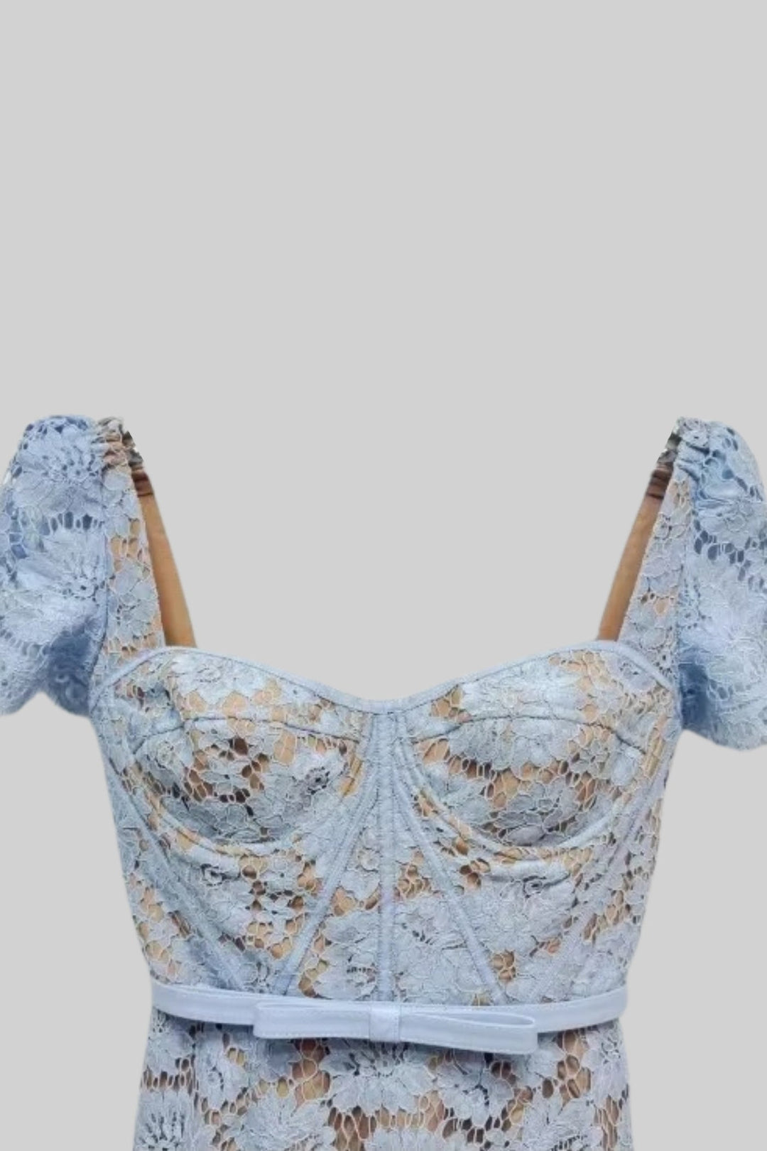 Short Sleeved Lace Dress With Delicate Matching Waist Belt - Blue