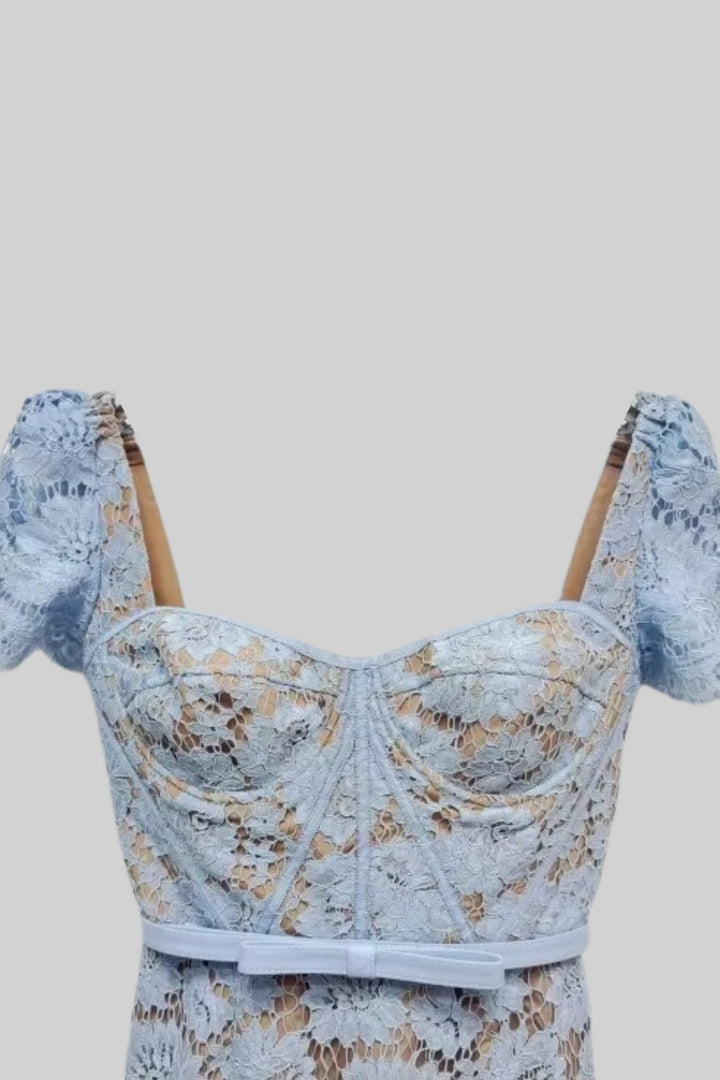 Short Sleeved Lace Dress With Delicate Matching Waist Belt - Blue