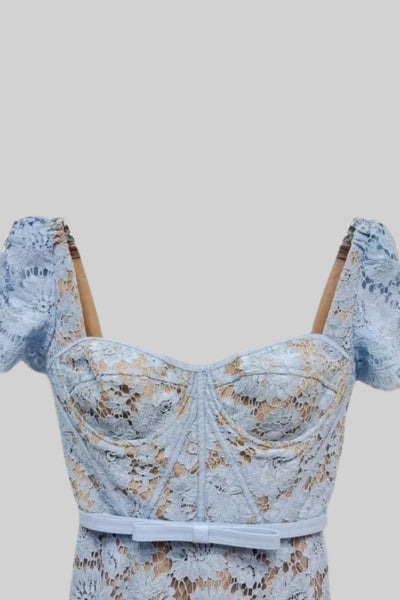 Short Sleeved Lace Dress With Delicate Matching Waist Belt - Blue