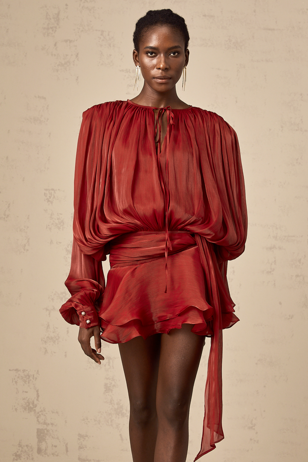 Eugénie fully-pleated ruffled mini dress in Red - Celestia Couture