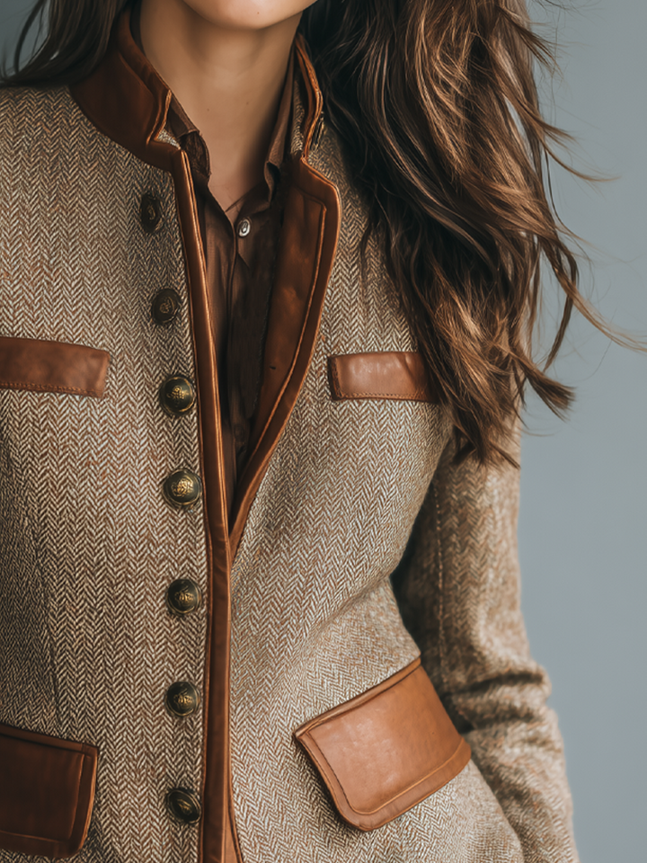 Vintage Leather Trim Pocket Tweed Jacket