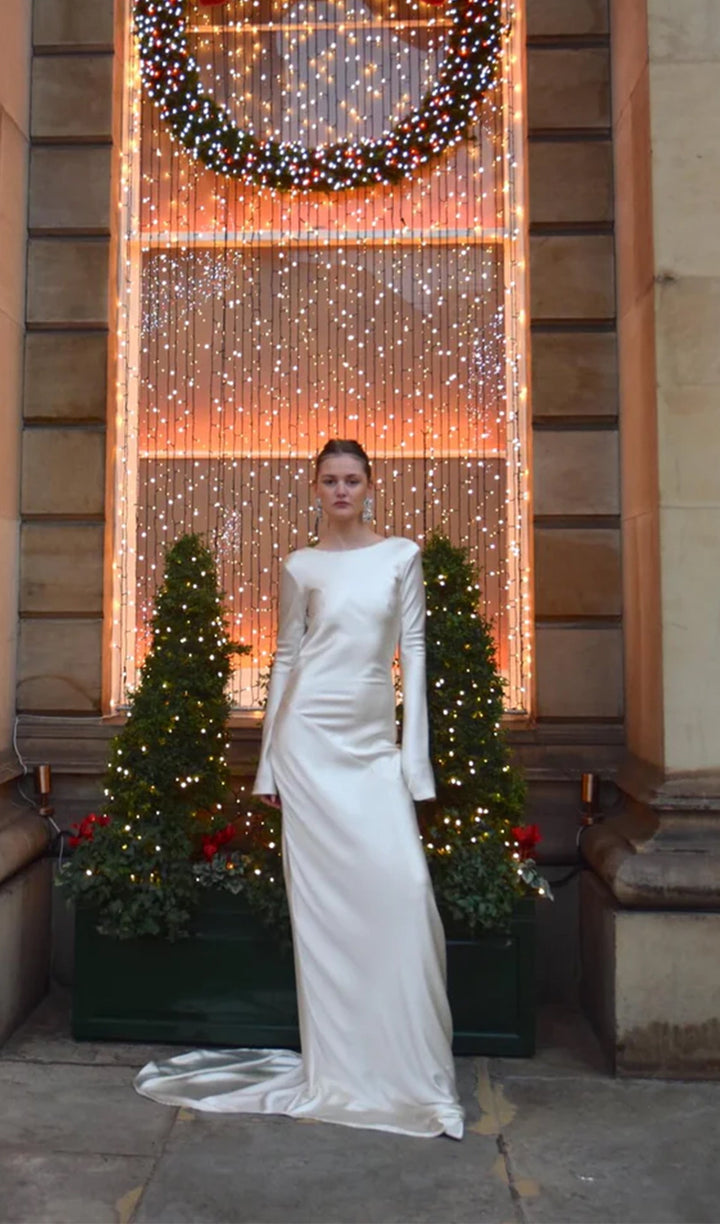 White Satin Long Sleeved Slim Evening Dress - Celestia Couture